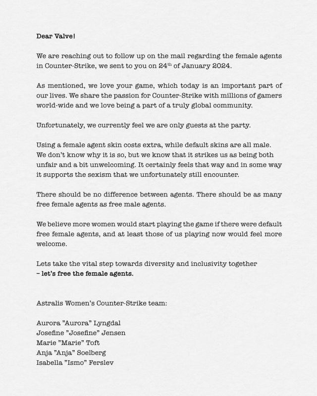 Letter to Valve from the Astralis female CS2 roster about female agent skins.