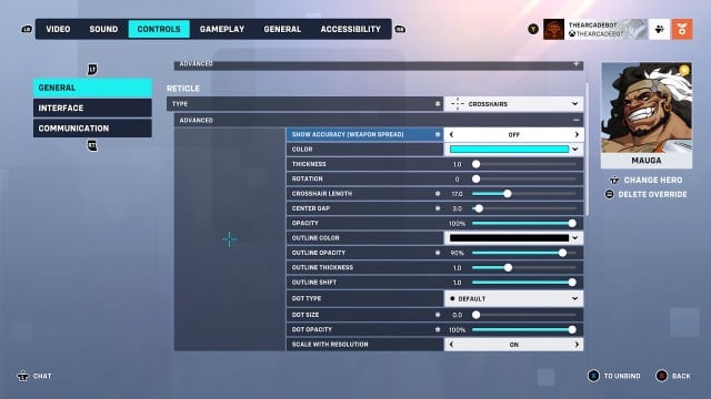 Screenshot of recommended Mauga crosshair settings.