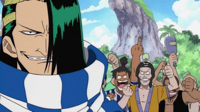Cabaji smiles in One Piece with Buggy pirates backing him up