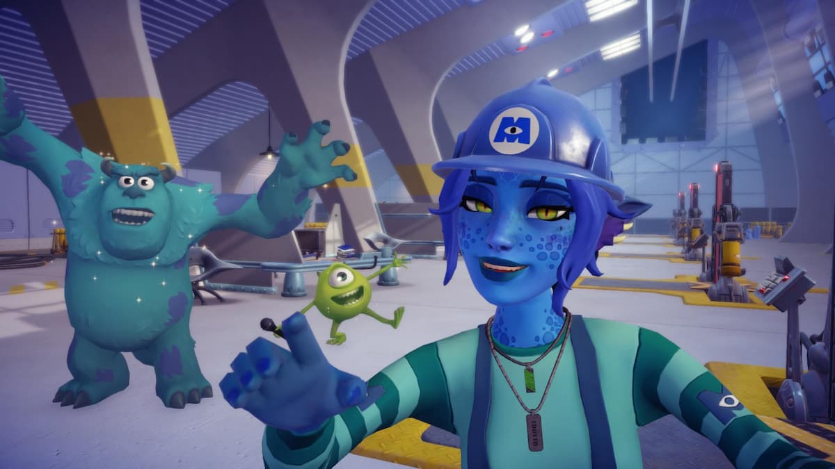 The player wearing monster ears and posing with Mike and Sulley.