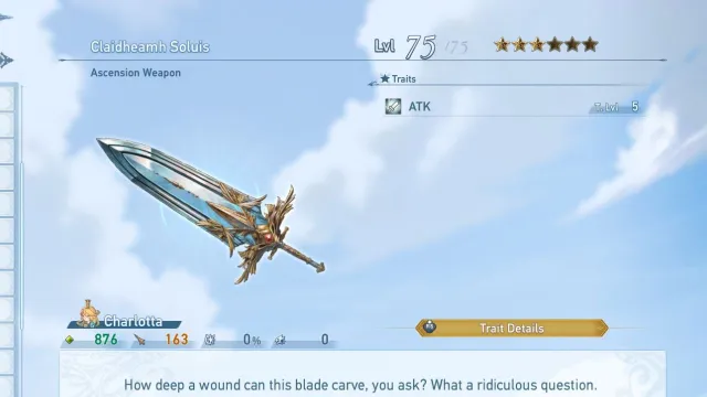 A screenshot of Charlotta's Ascension Weapon in the player inventory in Granblue Fantasy Relink.