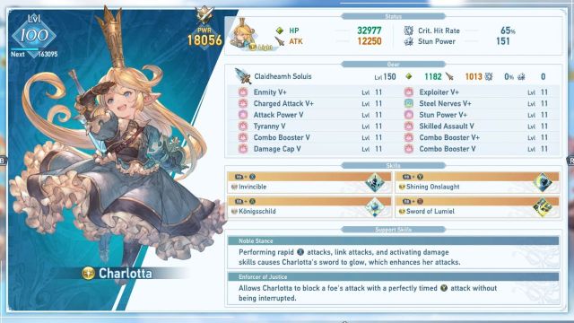 A screenshot of Charlotta's character sheet and build in Granblue Fantasy Relink