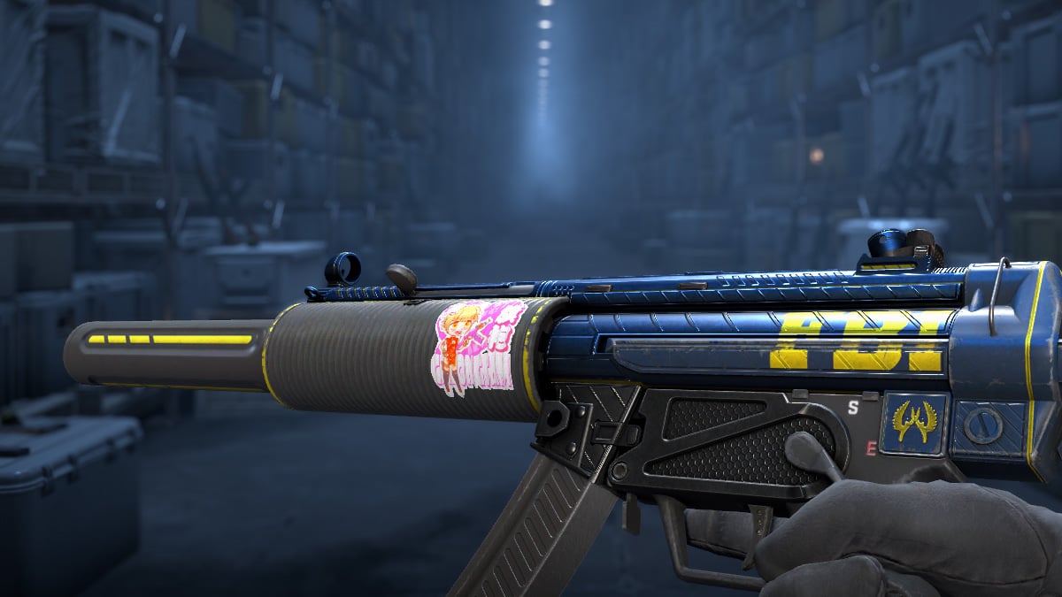 A player inspects an MP5 with an anime sticker in pink in CS2.