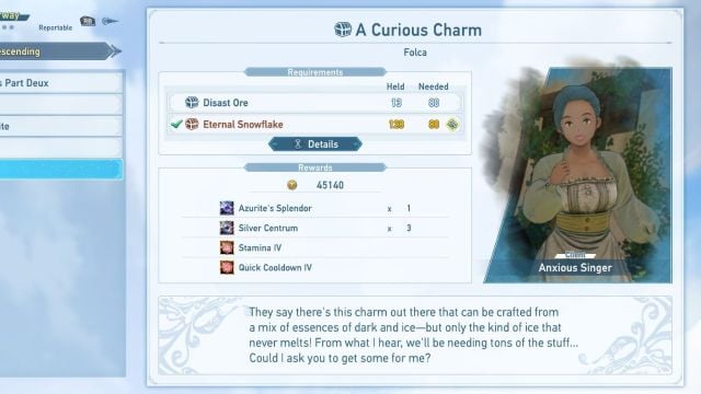 A screenshot of the Side Quests menu showing the Curious Charm sidequest.