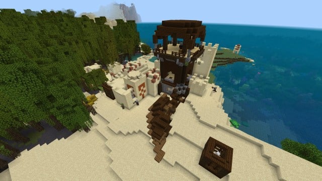 A pirate ship, outpost, temple and village seed in Minecraft.