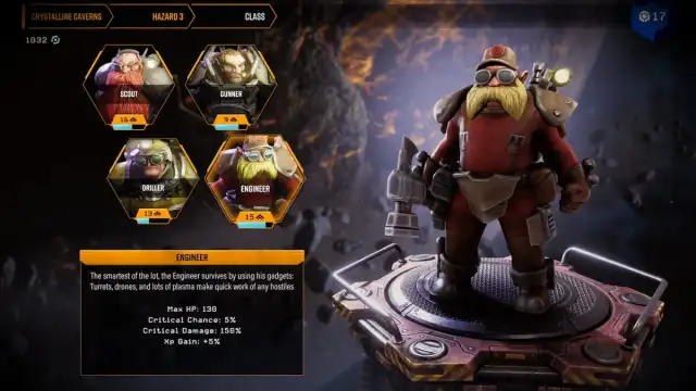 Deep Rock Galactic: Survivor class menu with the Engineer selected.
