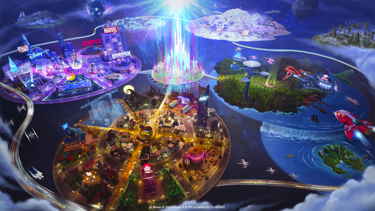 Disney Epic Games partnership promotional image showing islands connecting various Disney fanchises.