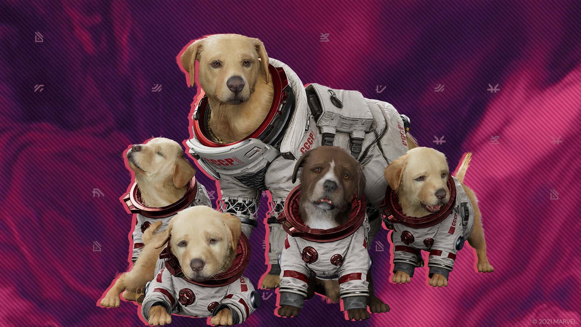 An image of Cosmo and the puppies from Marvel's Guardians of the Galaxy game