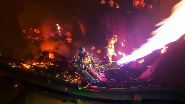 Deep Rock Galactic dwarf using a flamethrower to ward off enemies.