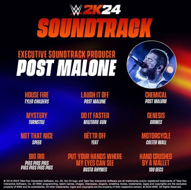 The WWE 2K24 Soundtrack shown in a promotional image.