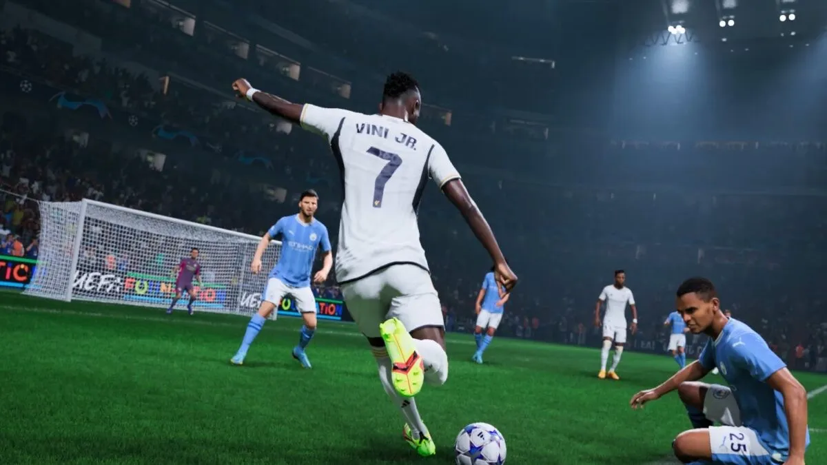 Vinicius JR. winds up for a shot with defenders in front of him in EA FC 24