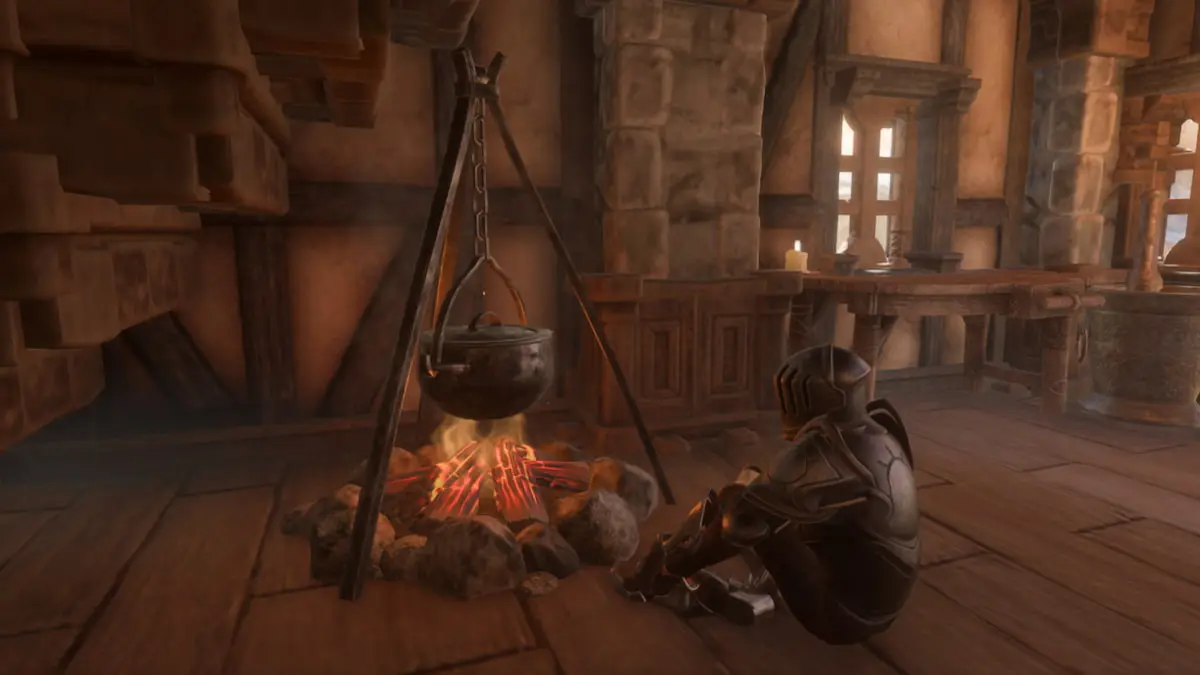 Enshrouded player sitting in front of a fireplace.