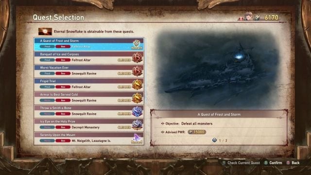 A screenshot of the list of quests that drop Eternal Snowflakes in Granblue Fantasy: Relink