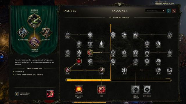 A screenshot of the Falconer's passive tree in Last Epoch highlighting minion damage.