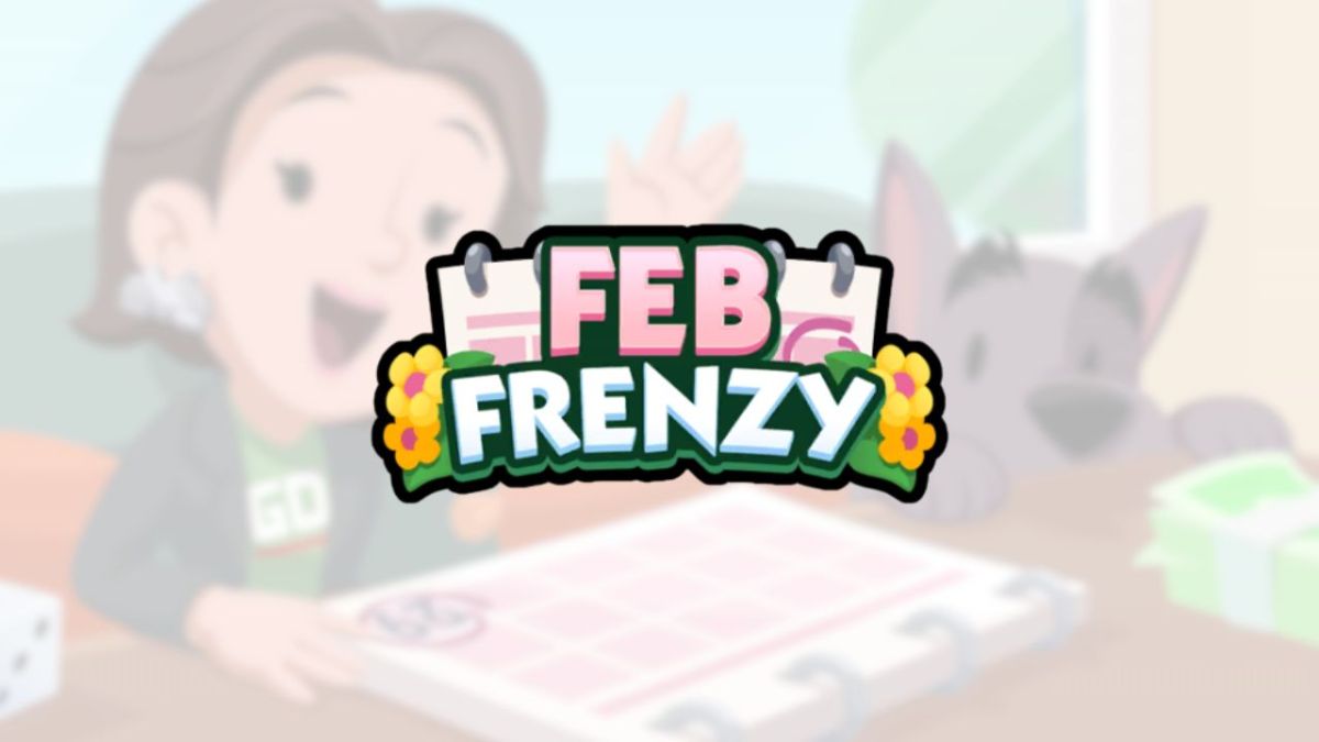 The Feb Frenzy logo on a fading background showing a woman and a dog in cartoon style.