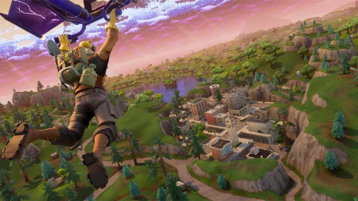 Fortnite player dropping into the map, using a glider to land.