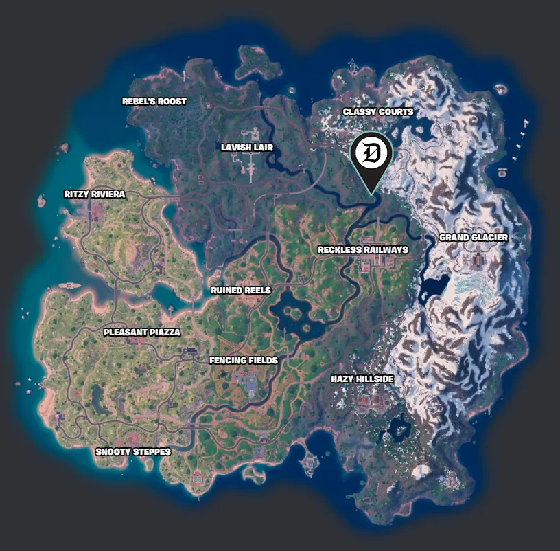 A map of the Fortnite island, with a marker showing the location of the cemetery between Reckless Railways and Classy Courts.