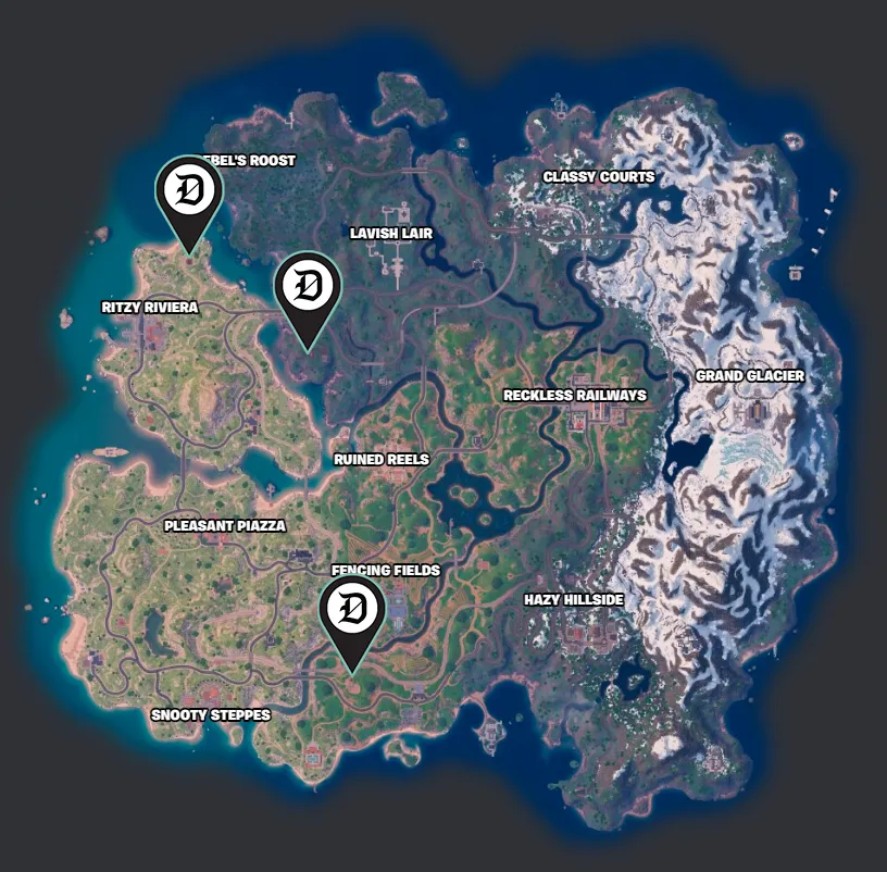 An image of the Fortnite map, with three grey markers showing locations of windmills.
