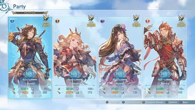 A screenshot of a Granblue Fantasy: Relink party showing Lancelot, Cagliostro, Rosetta, and Percival.