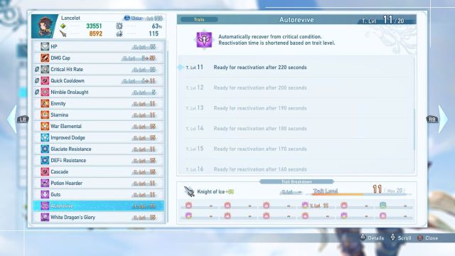 A screenshot of the Autorevive trait in the character sheet.