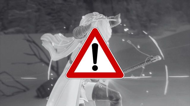 A promotional picture of Granblue Fantasy Relink in black and white with a warning sign on top of it.