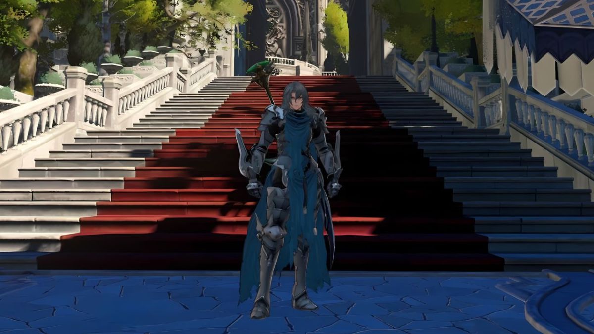 Siegfried standing in the front of a staircase with a red carpet.