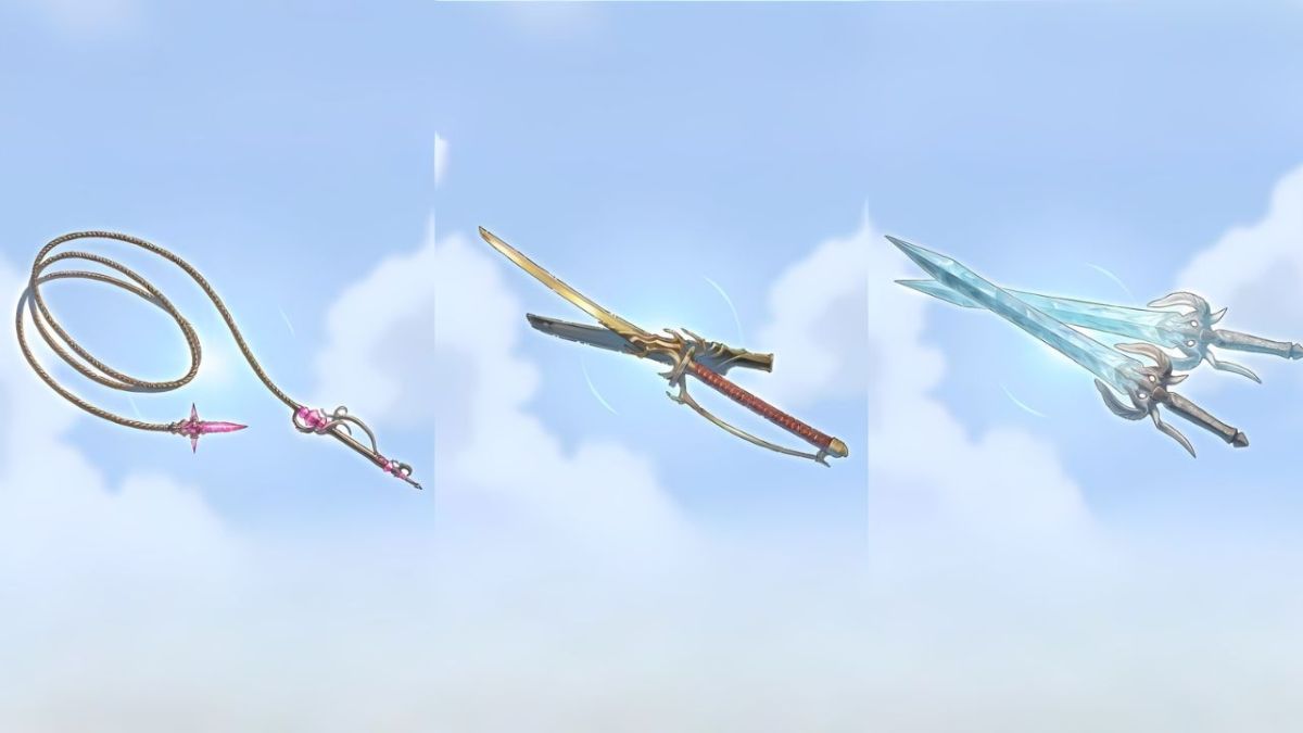 A split screen image showing three weapons in Granblue Fantasy Relink