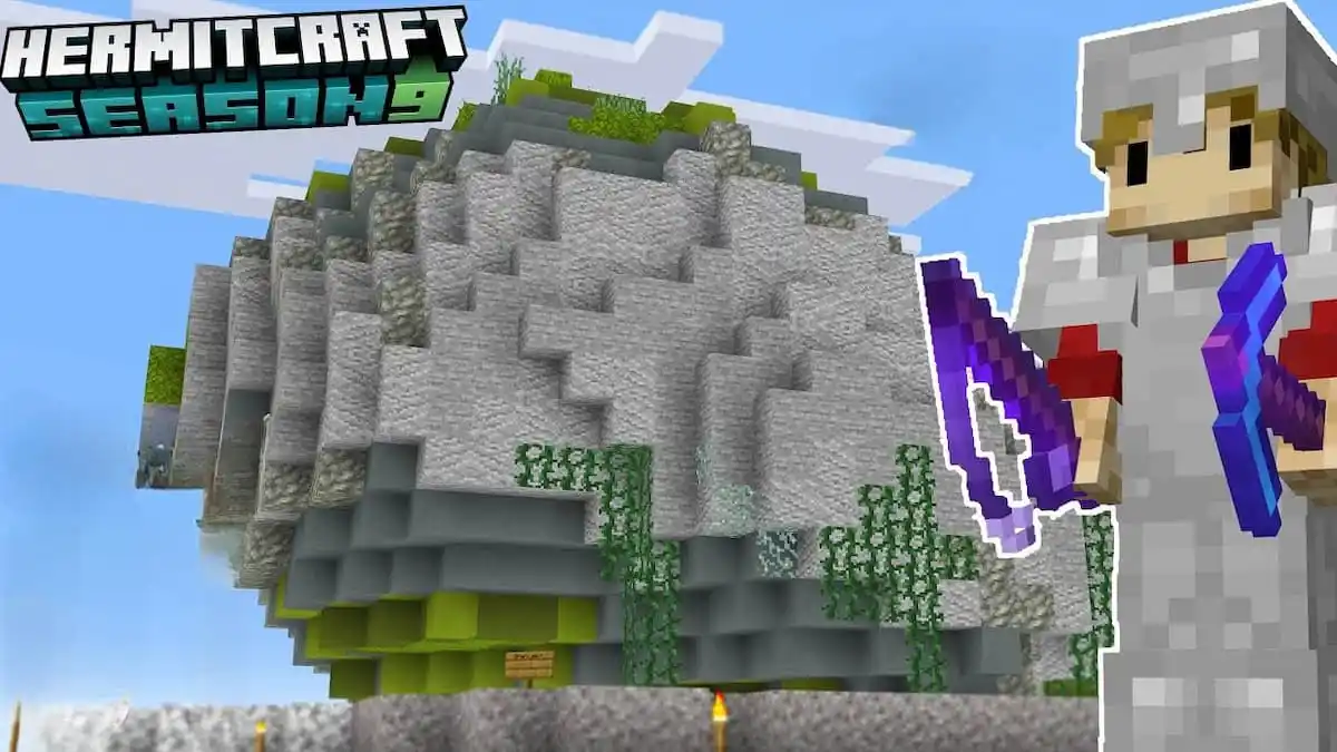 Grian standing by a mountain and the Hermitcraft season 9 logo.