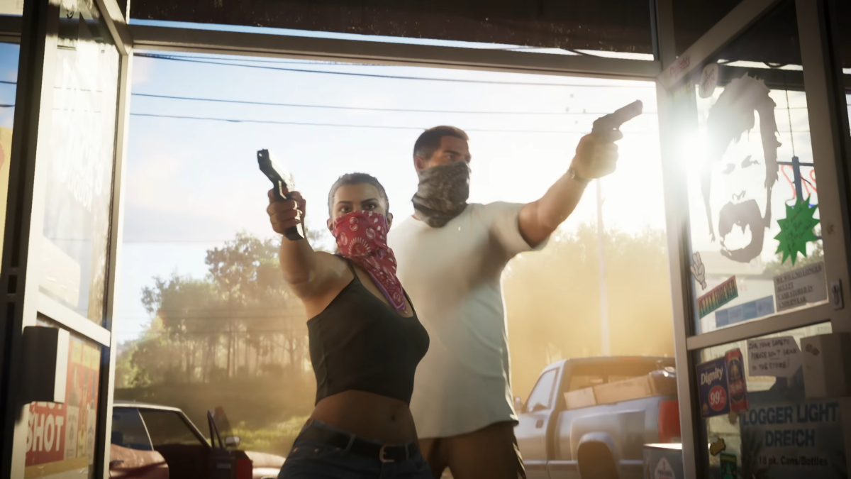 GTA 6's main characters, wearing banadanas over their nose and mouth, in the doorway of a store holding pistols.