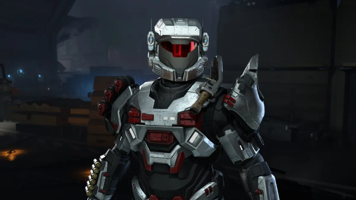 The Riz-028 helmet in Halo Infinite sporting a red visor.