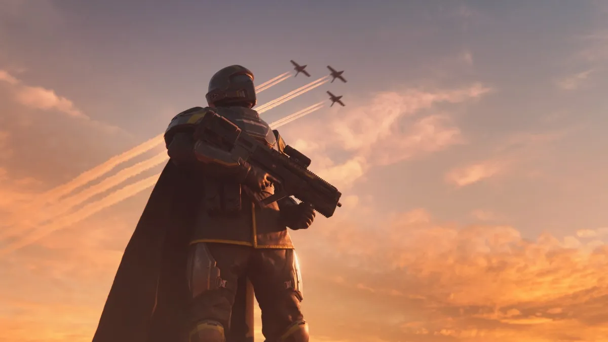 Jets flying over a Helldiver holding a weapon in Helldivers 2
