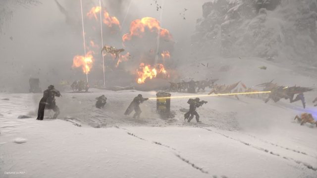 A Helldiver squad battles opposition on a snow-covered planet in Helldivers 2.