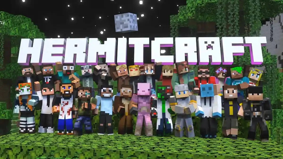 Hermitcraft members gathered together under the logo.