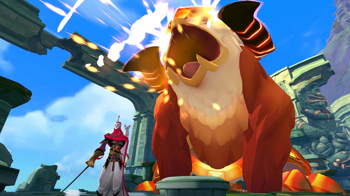 A hero stands in front of a roaring monster in Gigantic: Rampage Edition.