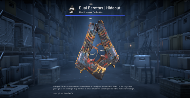 A custom finish for the Dual Berrettas, the Hideout, in CS2.