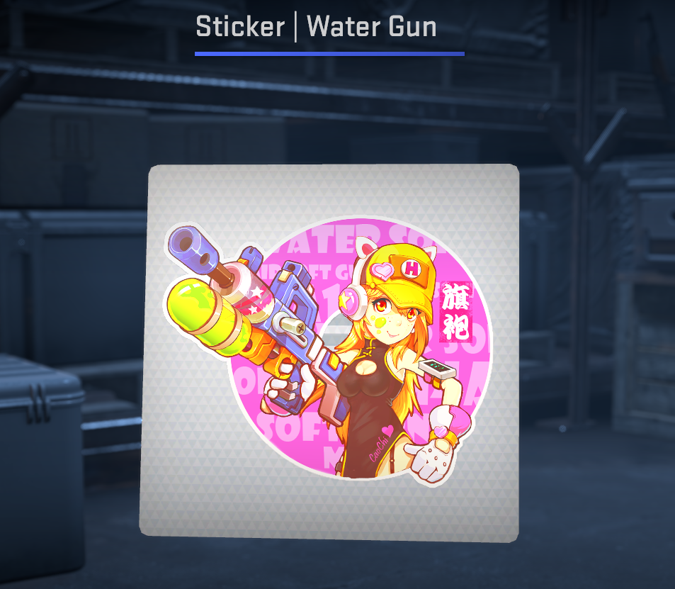 A screenshot of the Water Gun sticker from CS2.