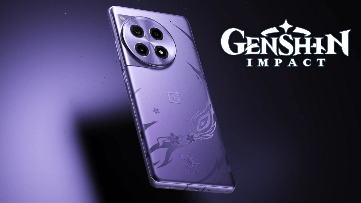 A phone with a purple cover and the Genshin logo.