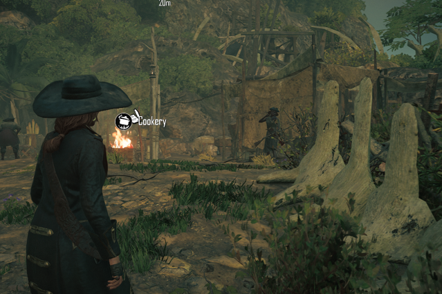 A character looks in front of them in a Skull and Bones Outpost.