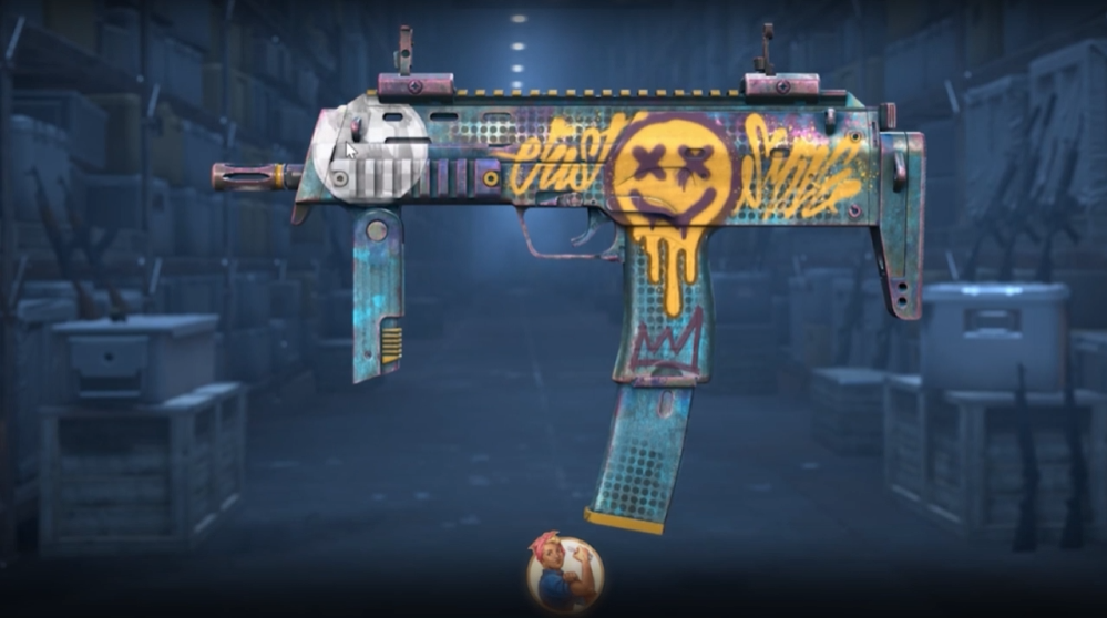 An MP7 skin with a player selecting a custom sticker placement in CS2.
