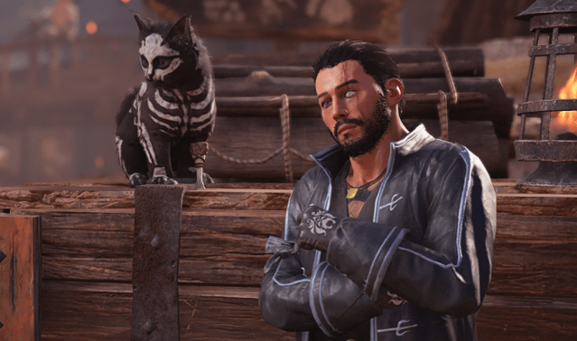 A male character standing close to a disguised cat.