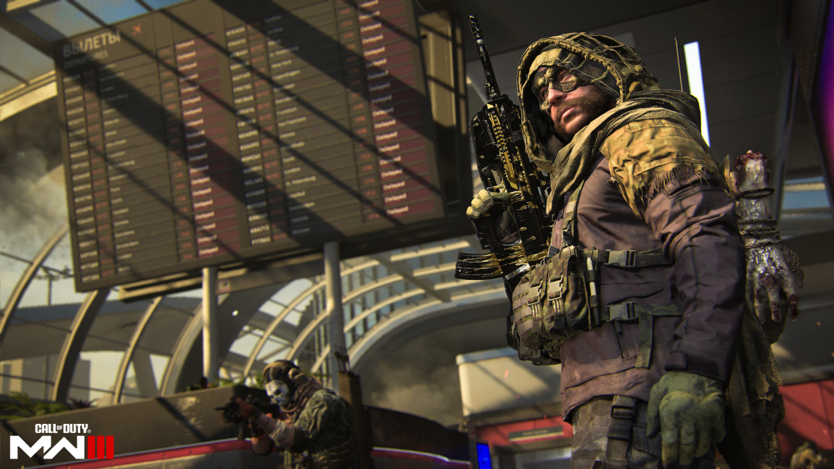A character wields a weapon outside an airport in Modern Warfare 3.