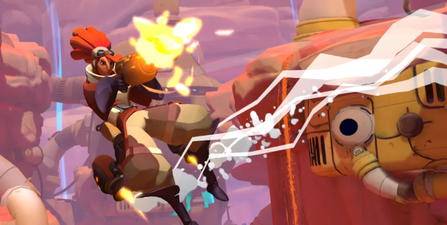 Beckett flying and shooting all at once in Gigantic. Image via Motiga