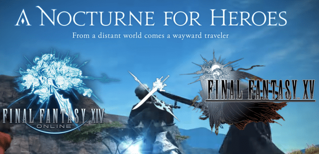 FFXIV and FFXV logos with characters behind.