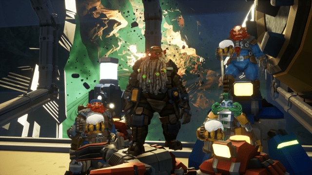 A bunch of dwarves standing in a space station in Deep Rock Galactic.