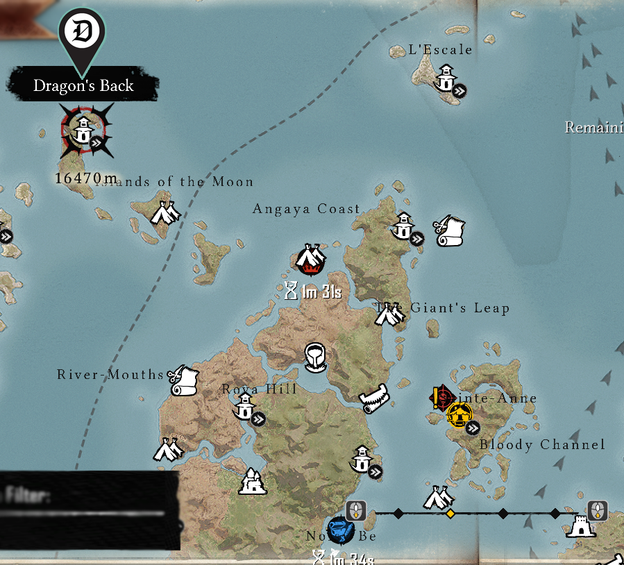 Map of the Red Isle with a Dot cursor on an Outpost.