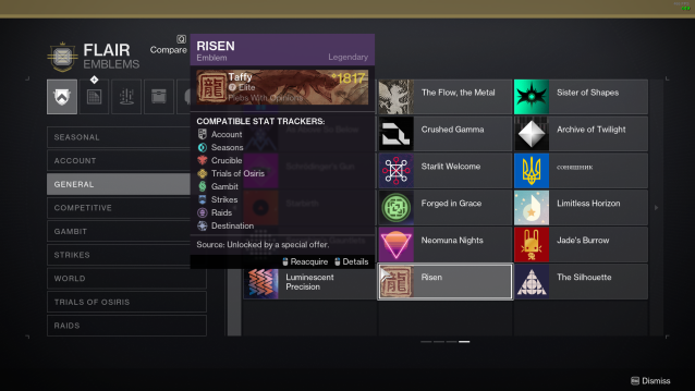 A screenshot of the flair menu in Destiny 2 with the Risen emblem selected.