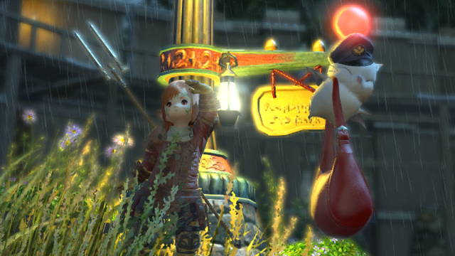 A Lalafell keeping watch close to a Mog post.