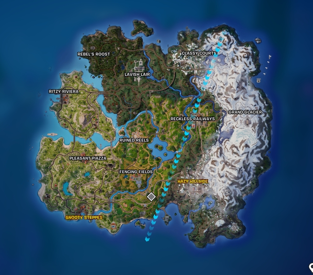 Fortnite chapter five, season one map showing off hot spots.