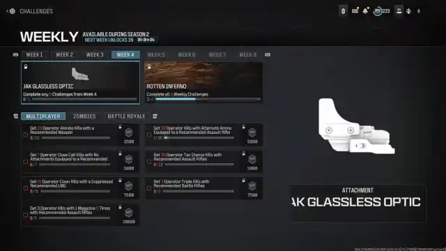 A screenshot of the JAK Glassless Optic challenges in MW3 and Warzone