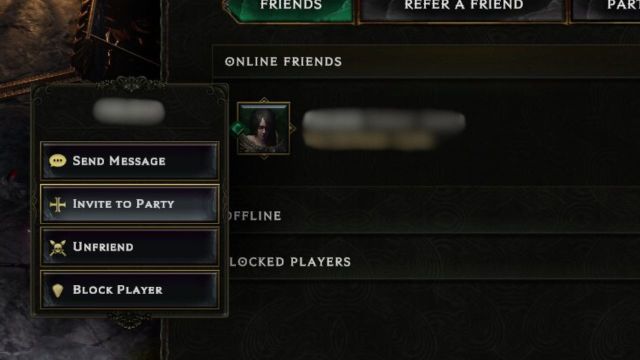 The invite friends screen in Last Epoch showing the drop down menu.